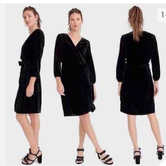 J Crew black velvet wrap dress with tie belt Sz L - Picture 2 of 6